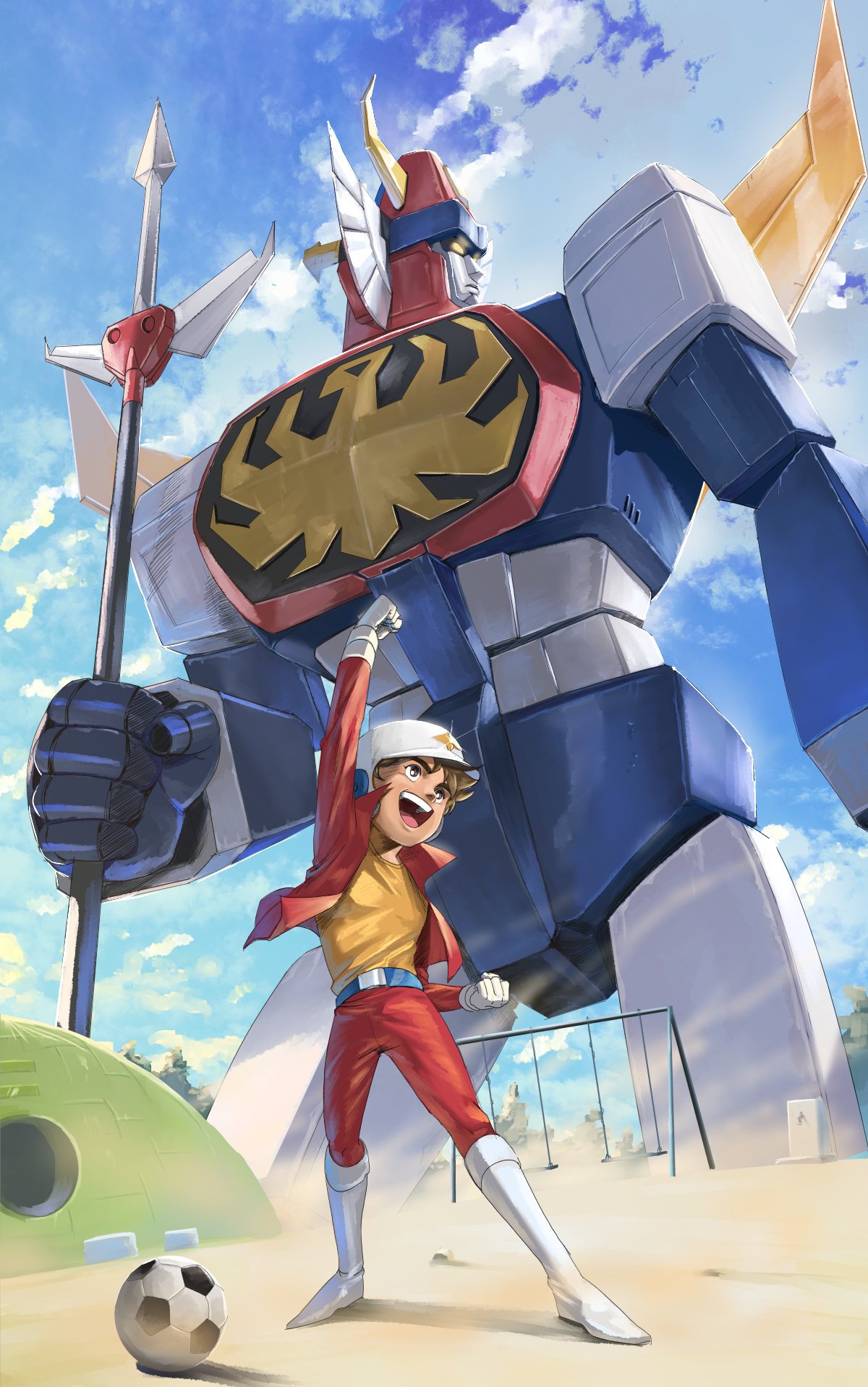 1boy ball belt blue_belt boots brown_eyes brown_hair clenched_hands clouds gloves hand_up helmet highres jacket knee_boots looking_to_the_side male_child mecha muteki_robo_trider_g7 orange_shirt red_jacket robot science_fiction shirt shirt_tucked_in sky smile soccer_ball super_robot takeo_watta trider_g7 vldhomecenter white_footwear white_gloves white_headwear