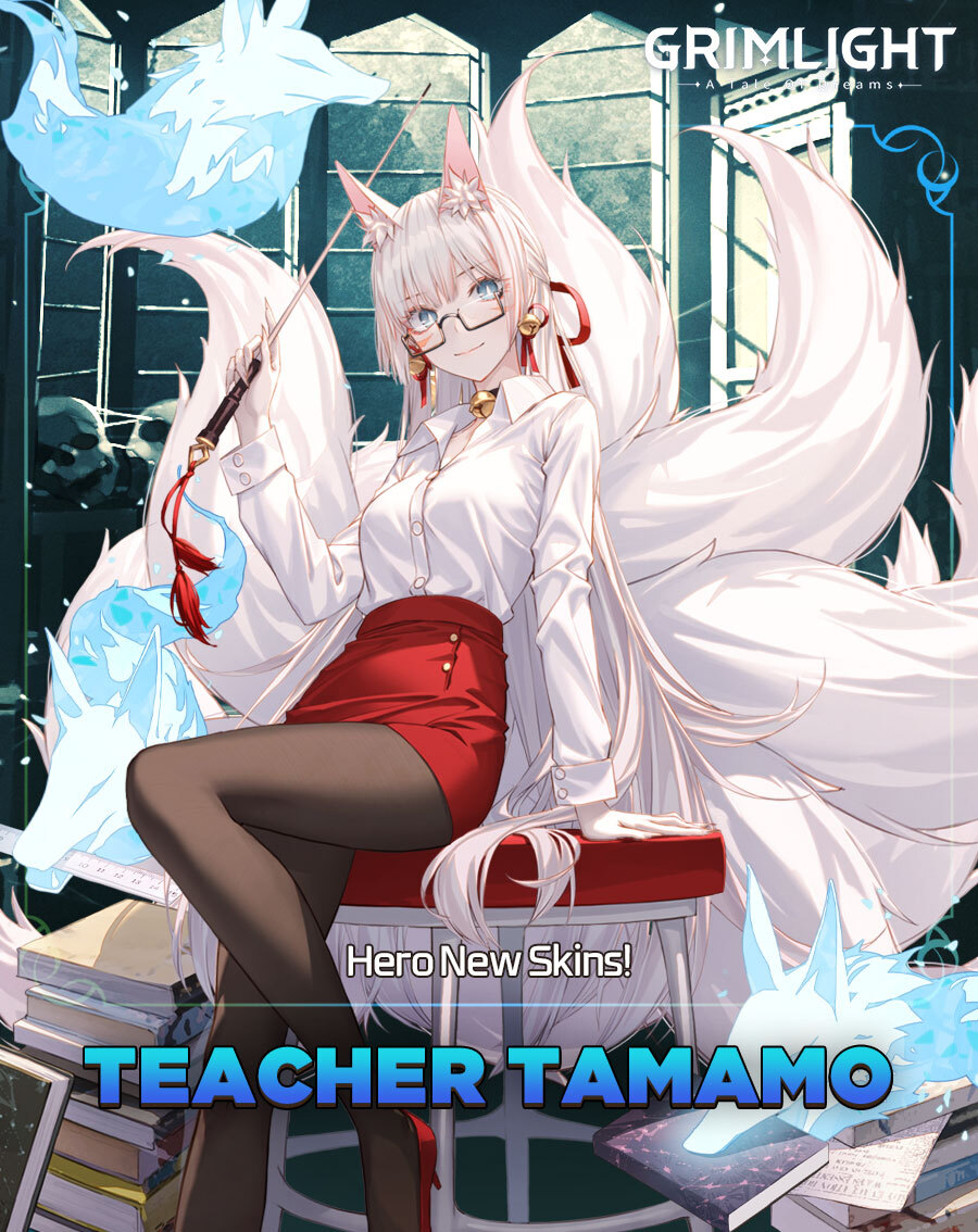 1girl animal_ears bangs bell bell_earrings black_pantyhose blouse blue_eyes book earrings english_commentary fox fox_ears fox_girl fox_tail grimlight jewelry kitsune kyuubi large_tail long_hair looking_at_viewer marking_on_cheek multiple_tails official_art pantyhose pencil_skirt red_footwear red_skirt semi-rimless_eyewear shirt skirt smile solo tail tamamo_no_mae_(grimlight) teacher white_hair white_shirt white_tail