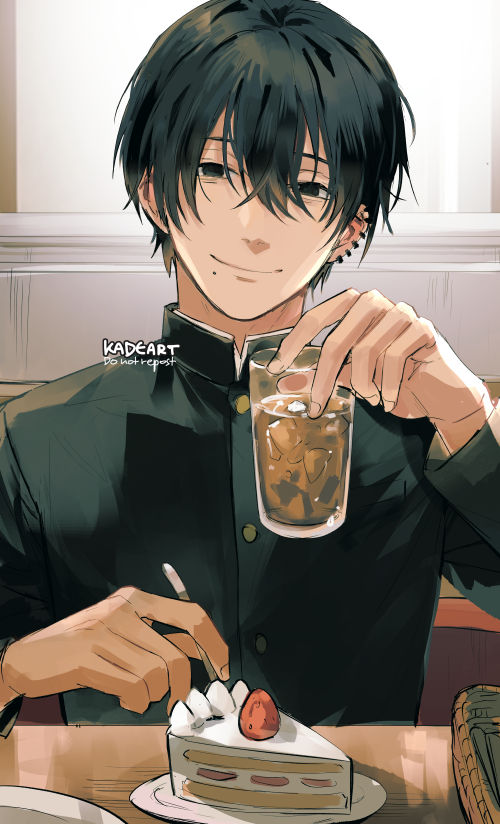 1boy artist_name bangs black_hair black_jacket cake chainsaw_man cup earrings food fruit hair_between_eyes holding holding_cup holding_utensil ice jacket jewelry kadeart looking_at_viewer mole mole_under_mouth restaurant school_uniform short_hair simple_background sitting smile strawberry strawberry_shortcake table tea yoshida_hirofumi