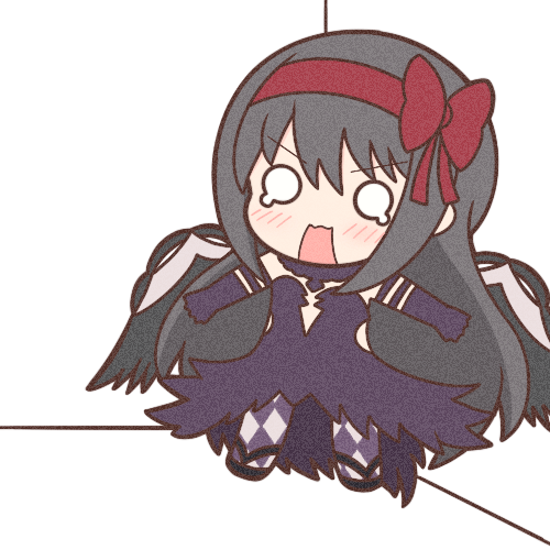 1girl akemi_homura black_dress black_gloves black_hair bow checkered_clothes checkered_legwear chibi dress elbow_gloves gloves hair_bow hairband long_hair lowres mahou_shoujo_madoka_magica open_mouth pantyhose rectangular_mouth red_bow red_hairband solo standing yuno385