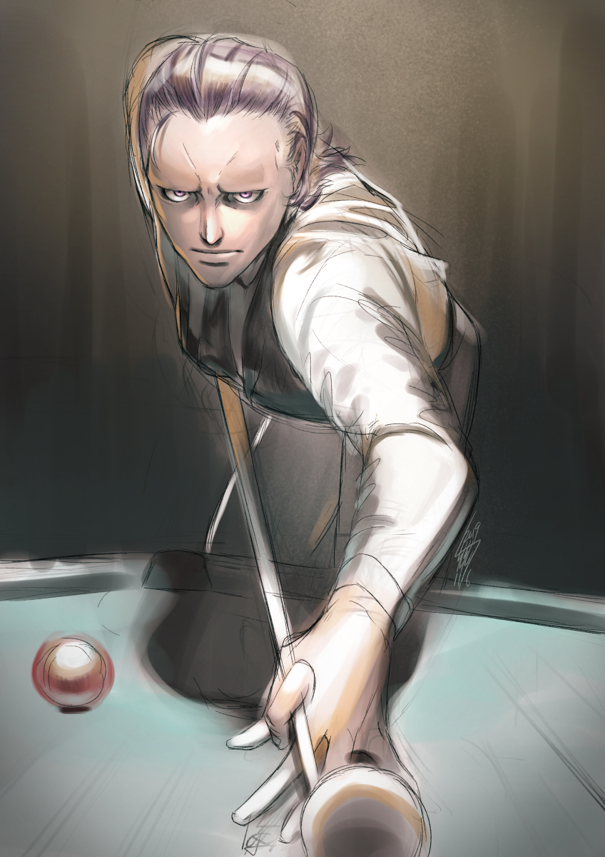 1boy apron artist_name ball bangs_pinned_back billiard_ball billiards bishop_(daemon_x_machina) black_vest brown_background closed_mouth commentary_request cowboy_shot cue_stick daemon_x_machina dated forehead furrowed_brow gradient gradient_background grey_hair highres holding holding_cue_stick leaning_forward long_sleeves looking_at_viewer male_focus old old_man partial_commentary pink_eyes playing_games pool_table shiny shiny_hair shirt short_hair signature simple_background sketch solo standing table tsunetaka_rakurai vest waist_apron white_apron white_shirt