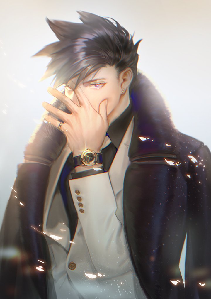 A buff young man with styled black hair and luxury clothing. His gold wristwatch is twinkling brightly and golden light flows around him like falling leaves. 