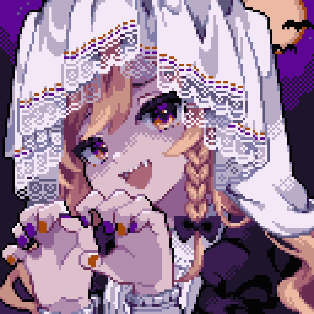 1girl :d ahiru_tokotoko bat_(animal) black_bow bow braid full_moon hair_bow halloween kirisame_marisa looking_at_viewer moon open_mouth orange_nails pixel_art purple_nails side_braid single_braid smile solo teeth touhou upper_body upper_teeth yellow_eyes