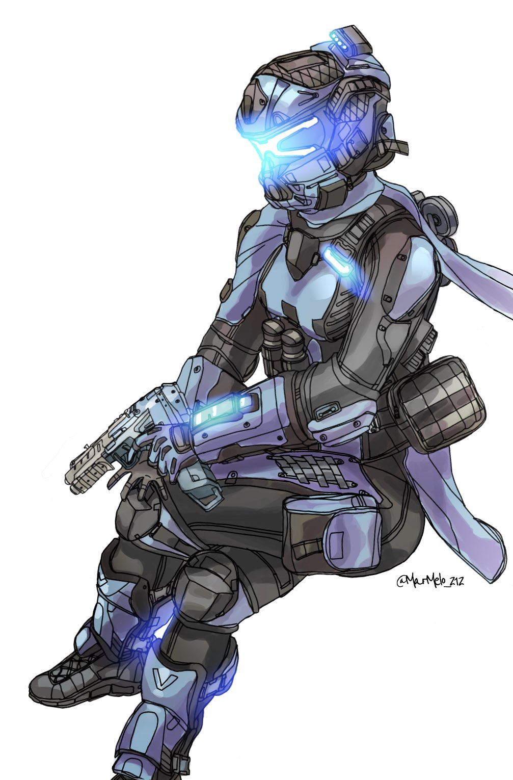 1girl alternator assault_visor black_footwear black_gloves blue_gloves blue_headwear blue_scarf english_commentary gloves glowing grapple_pilot_(titanfall_2) gun helmet highres holding holding_gun holding_weapon invisible_chair kotone_a pilot_(titanfall_2) pouch scarf science_fiction shin_guards shoes simple_background sitting sneakers solo submachine_gun titanfall_(series) titanfall_2 two-tone_gloves weapon white_background