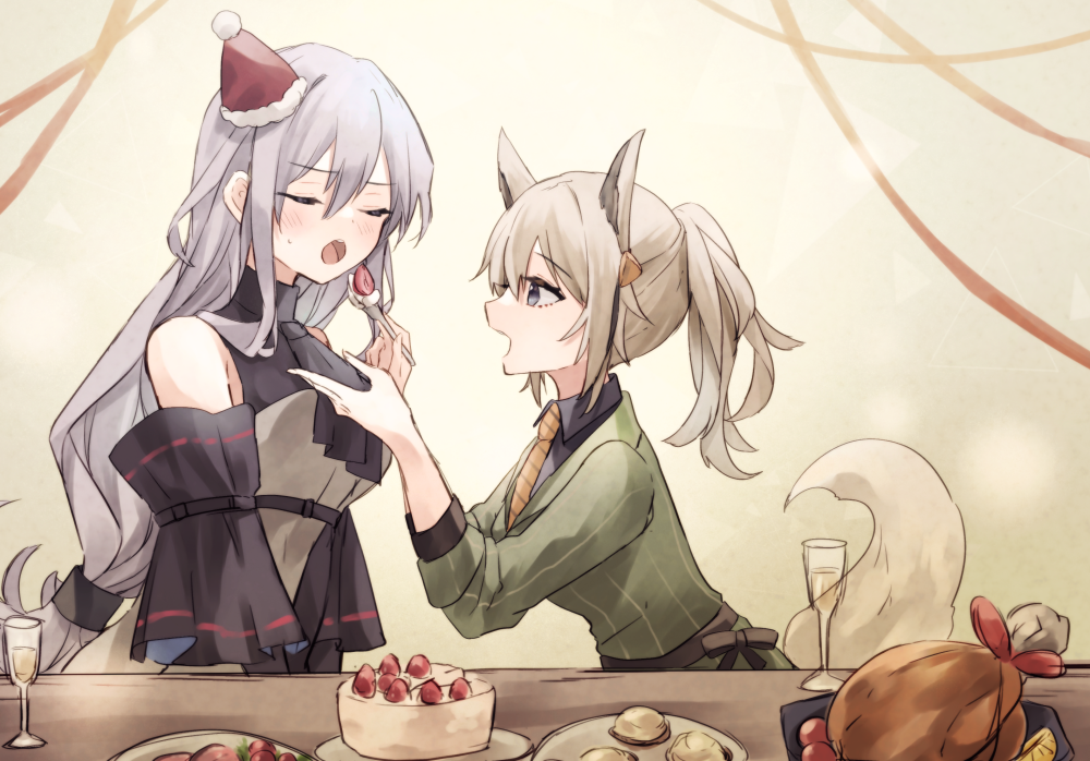2girls arknights ascot bangs bare_shoulders black_ascot blue_eyes boned_meat breasts cake champagne_flute closed_eyes cup detached_sleeves dress drinking_glass feeding food from_side gradient gradient_background grani_(arknights) green_dress grey_hair hat horse_tail large_breasts leaning_forward long_hair long_sleeves low_ponytail meat multiple_girls necktie open_mouth plate ponytail profile red_headwear saiko_(saisaka) santa_hat sidelocks skadi_(arknights) tail upper_body v-shaped_eyebrows very_long_hair wing_collar yellow_background yellow_necktie