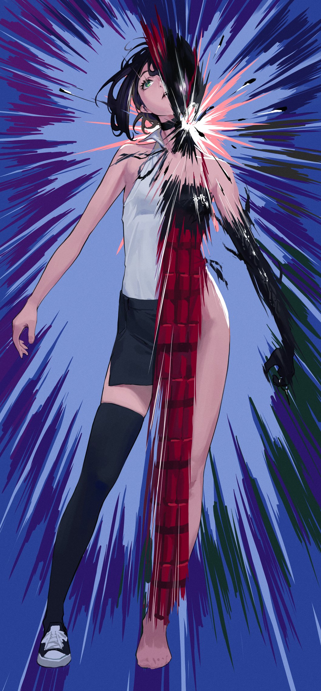 1girl bare_shoulders black_choker black_ribbon black_socks blue_background bomb_devil_(chainsaw_man) chainsaw_man choker collared_shirt dress dynamite elbow_gloves explosion gloves green_eyes highres looking_up medium_hair miniskirt popped_collar reze_(chainsaw_man) ribbon shirt shorts side_slit side_slit_shorts skirt sleeveless socks solo some1else45 thick_thighs thigh-highs thighs