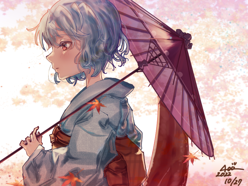 1girl alternate_costume bangs blue_hair blue_kimono dated from_side holding holding_umbrella japanese_clothes karumera kimono long_sleeves oil-paper_umbrella open_mouth red_eyes red_umbrella short_hair signature solo tatara_kogasa touhou umbrella upper_body white_background