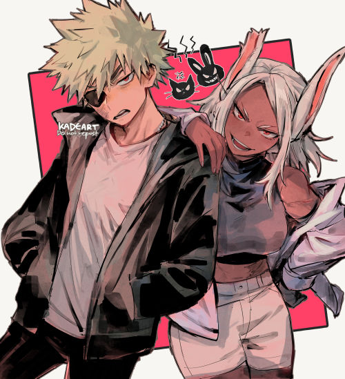 1boy 1girl animal_ears artist_name bakugou_katsuki bangs black_jacket boku_no_hero_academia breasts commentary dark-skinned_female dark_skin elbow_on_another's_shoulder eyepatch hands_in_pockets jacket kadeart large_breasts long_hair long_sleeves looking_at_viewer mirko open_mouth rabbit_ears rabbit_girl red_eyes scar scar_on_face shirt shorts sidelocks symbol-only_commentary tan white_hair white_jacket white_shirt white_shorts