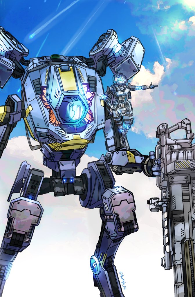 clouds finger_gun glowing gun hand_on_hip holding holding_gun holding_weapon humanoid_robot kotone_a looking_to_the_side mecha northstar_(titanfall) on_mecha pilot_(titanfall_2) pouch railgun robot science_fiction simulacrum_(titanfall) sky standing stim_pilot_(titanfall_2) titan_(titanfall) titanfall_(series) titanfall_2 twitter_username weapon