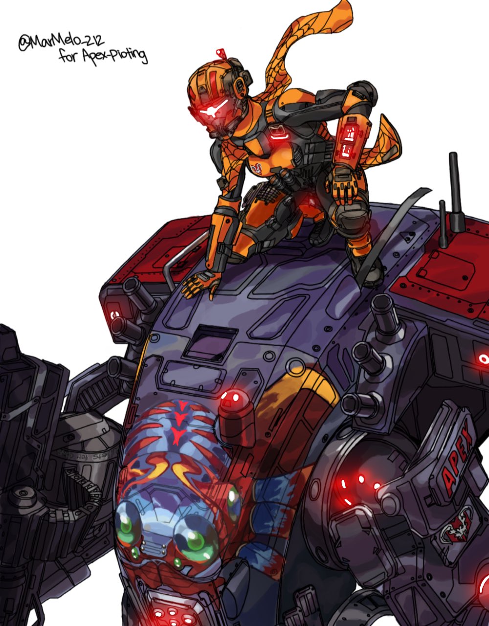 1girl black_bodysuit black_footwear bodysuit boots english_commentary gloves grapple_pilot_(titanfall_2) gun hand_on_own_knee helmet highres kotone_a leaning_forward mecha mixed-language_commentary on_mecha one_knee orange_gloves orange_scarf pilot_(titanfall_2) robot scarf science_fiction simple_background titan_(titanfall) titanfall_(series) titanfall_2 twitter_username weapon white_background