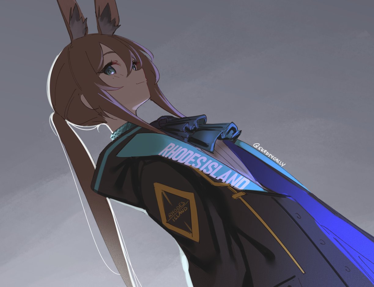 1girl amiya_(arknights) animal_ears arknights ascot black_coat blue_ascot blue_collar blue_eyes brown_hair clothes_writing coat collar dutch_angle extra_ears grey_background hair_between_eyes jewelry long_hair long_sleeves neck_ring open_clothes open_coat ponytail rabbit_ears shirt sidelocks simple_background skeptycally solo upper_body very_long_hair white_shirt