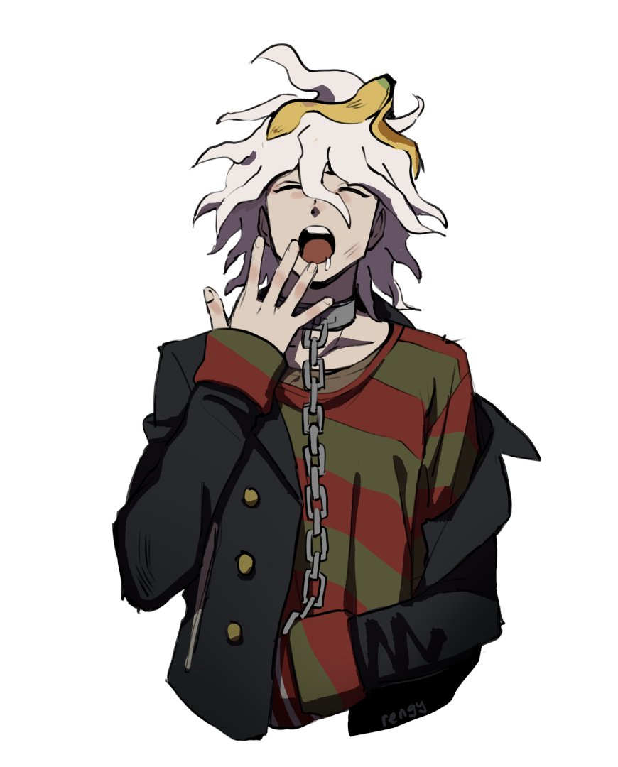 1boy artist_name banana_peel bangs black_jacket blush chain closed_eyes collar cropped_torso danganronpa_(series) danganronpa_another_episode:_ultra_despair_girls derivative_work facing_viewer food food_on_head green_sweater grey_hair jacket komaeda_nagito male_focus metal_collar mittens object_on_head off_shoulder open_clothes open_jacket red_sweater rengy_(rerengy) saliva servant_(danganronpa) simple_background striped striped_sweater sweater teeth upper_teeth white_background yawning