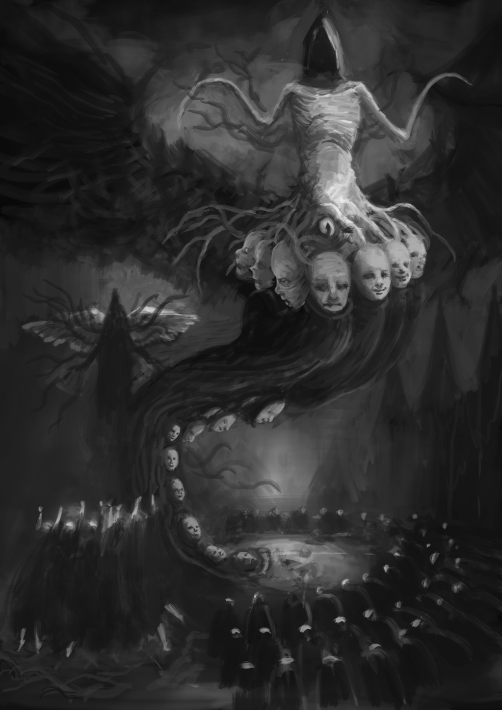 converg creature dark extra_faces floating highres horror_(theme) monochrome monster multiple_others no_humans original wings
