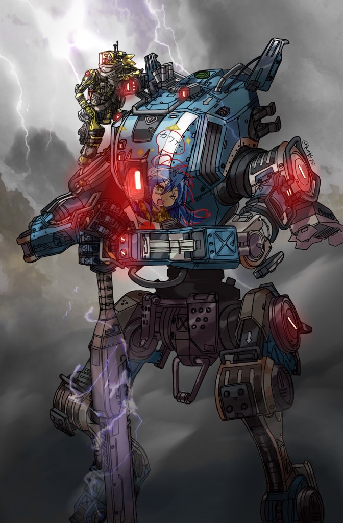 clouds cloudy_sky electricity glowing grey_scarf hand_on_hip holding holding_sword holding_weapon humanoid_robot itasha japanese_flag kotone_a lightning looking_ahead looking_to_the_side mecha on_mecha phase_shift_pilot_(titanfall_2) pilot_(titanfall_2) robot ronin_(titanfall_2) scarf science_fiction sky standing_on_shoulder sword titan_(titanfall) titanfall_(series) titanfall_2 weapon