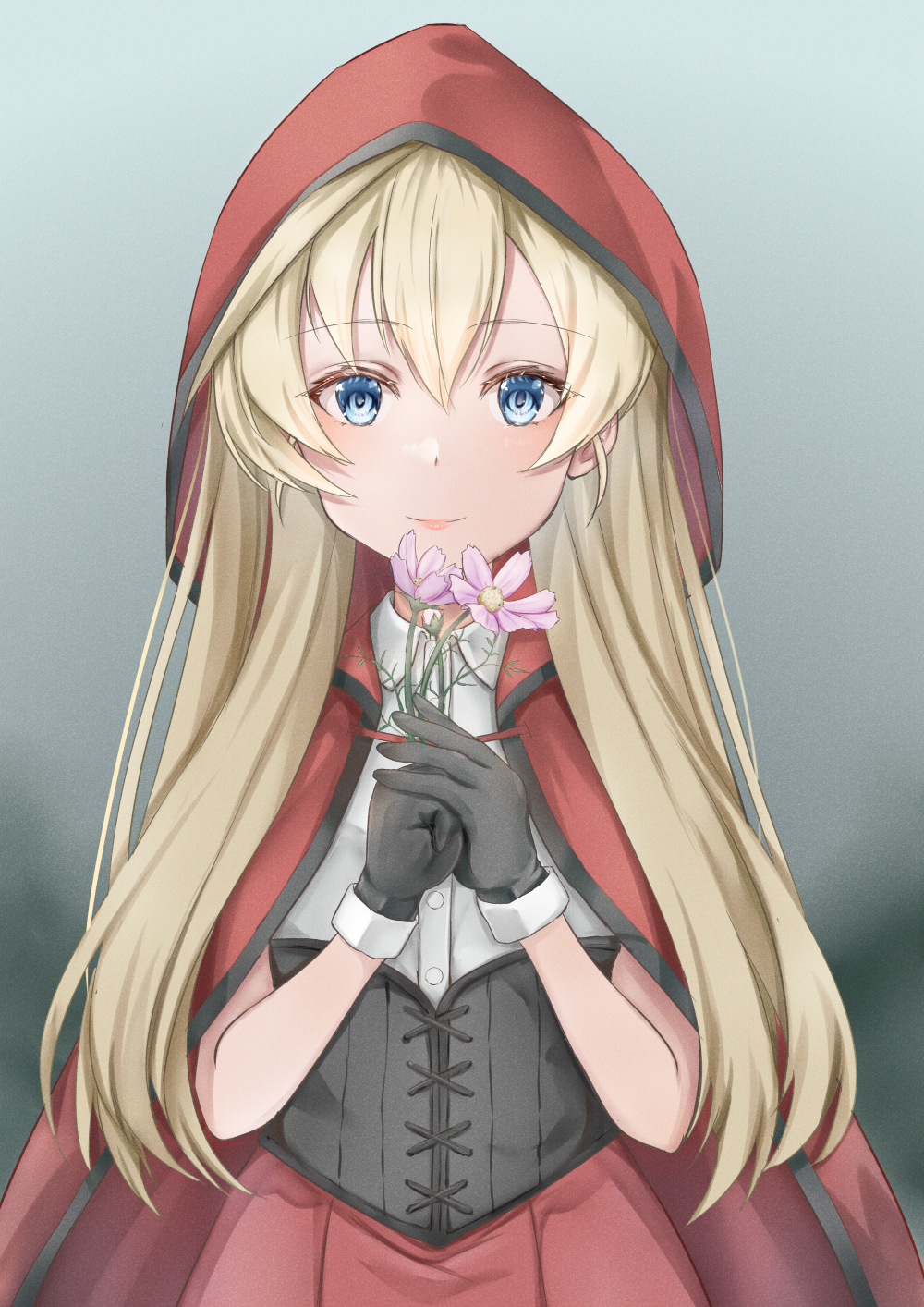 1girl abukuma_(kancolle) black_corset black_gloves blonde_hair blue_eyes blush buttons cape capelet closed_mouth collared_shirt corset cosplay flower gloves grey_gloves hair_between_eyes halloween_costume highres holding holding_flower hood hood_up hooded_cape hooded_capelet kantai_collection koru_pera little_red_riding_hood little_red_riding_hood_(grimm) little_red_riding_hood_(grimm)_(cosplay) long_hair looking_at_viewer official_alternate_costume official_alternate_hairstyle pink_flower red_cape red_capelet red_hood shirt short_sleeves smile solo upper_body white_shirt