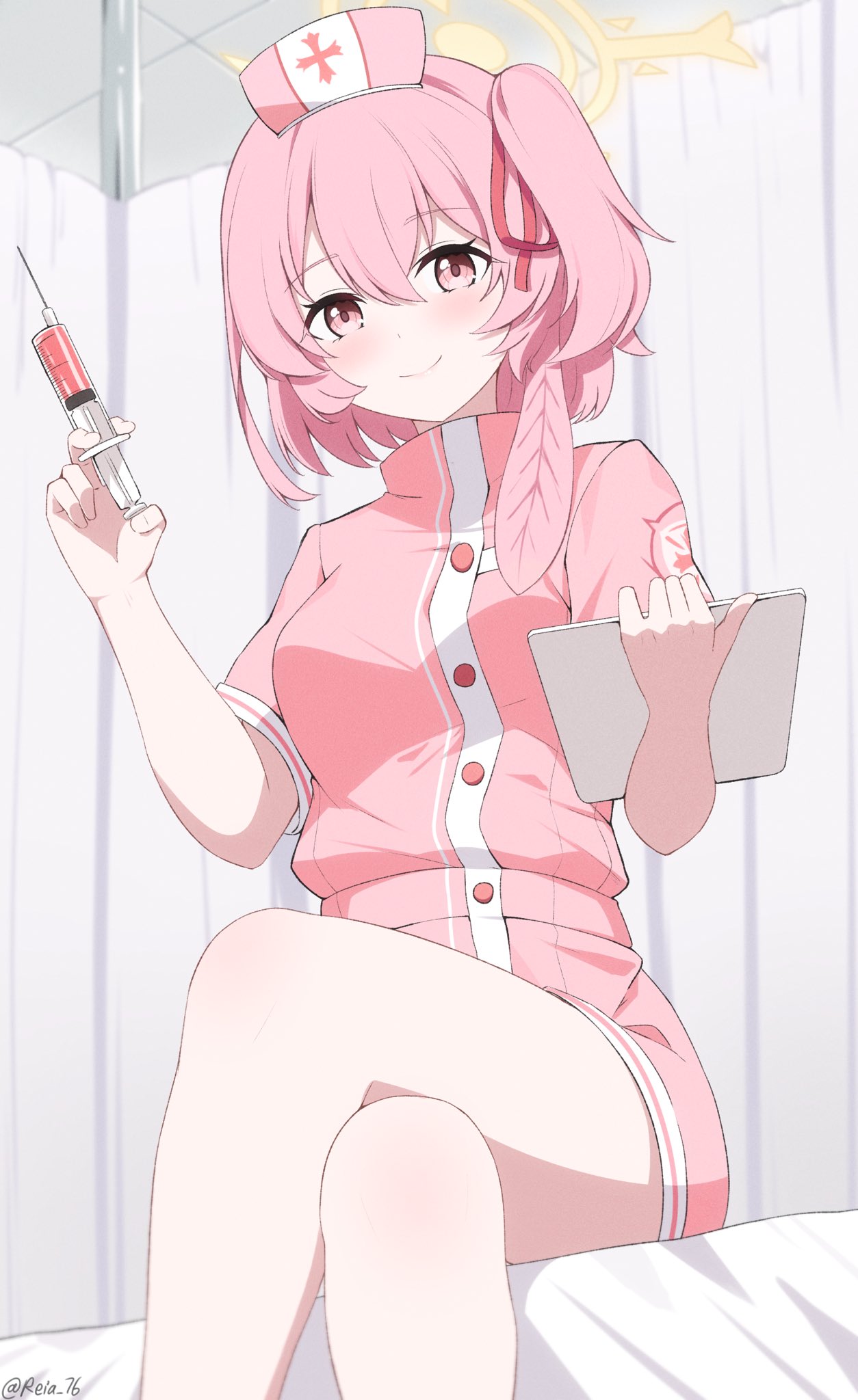1girl alternate_costume blue_archive clipboard crossed_legs hair_ribbon halo hat highres holding holding_clipboard holding_syringe nurse nurse_cap one_side_up pink_eyes pink_hair reia_76 ribbon serina_(blue_archive) sitting syringe
