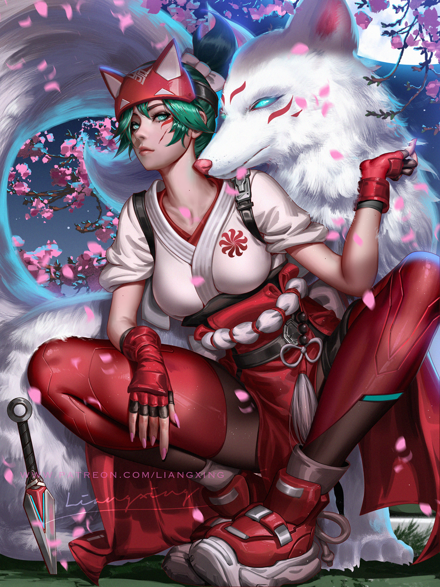 1girl artist_name blue_eyes bow breasts cherry_blossoms closed_mouth collarbone colored_shoe_soles facial_mark fingerless_gloves fingernails flower fox fox_mask gloves glowing glowing_eyes green_eyes green_hair hair_bow hakama hakama_skirt highres injury japanese_clothes kimono kiriko_(overwatch) knees_apart_feet_together kunai liang_xing long_fingernails looking_at_viewer mask moon night night_sky ninja outdoors overwatch overwatch_2 patreon_username pelvic_curtain petals petting pink_flower pink_nails red_footwear red_hakama red_thighhighs rope_belt shoes short_hair signature skirt sky sleeves_rolled_up sneakers squatting tassel thigh-highs topknot weapon web_address white_kimono