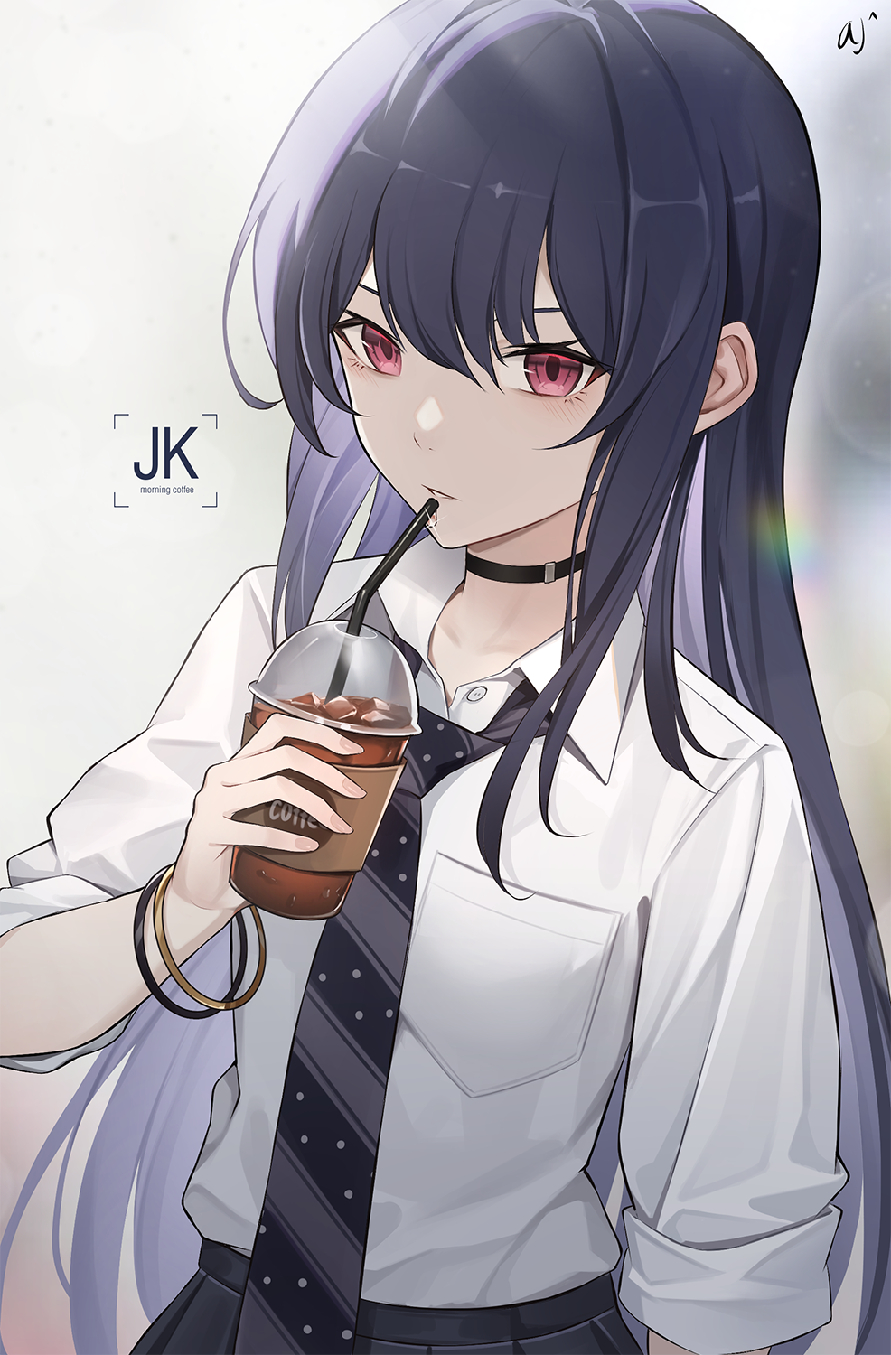1girl ark_john_up bangs black_choker blue_hair bracelet choker cup drinking_straw hair_between_eyes highres holding holding_cup jewelry long_hair looking_at_viewer necktie open_mouth original parted_lips red_eyes school_uniform shirt sleeves_rolled_up white_shirt