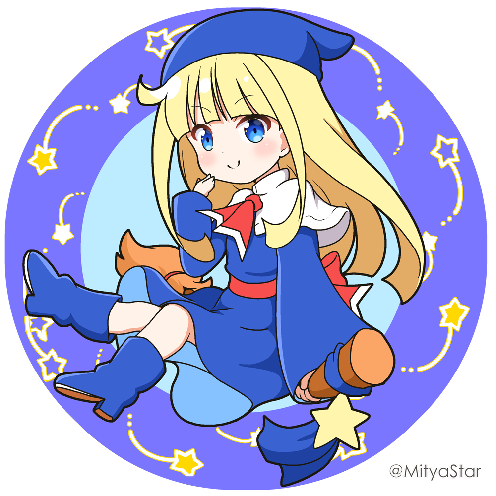 1girl bangs blonde_hair blue_background blue_dress blue_eyes blue_footwear blue_headwear blunt_bangs boots broom broom_riding capelet closed_mouth commentary_request dress full_body hand_up long_hair long_sleeves mitya puyopuyo round_image sleeves_past_wrists smile solo starry_background twitter_username two-tone_background very_long_hair white_background white_capelet wide_sleeves witch_(puyopuyo)