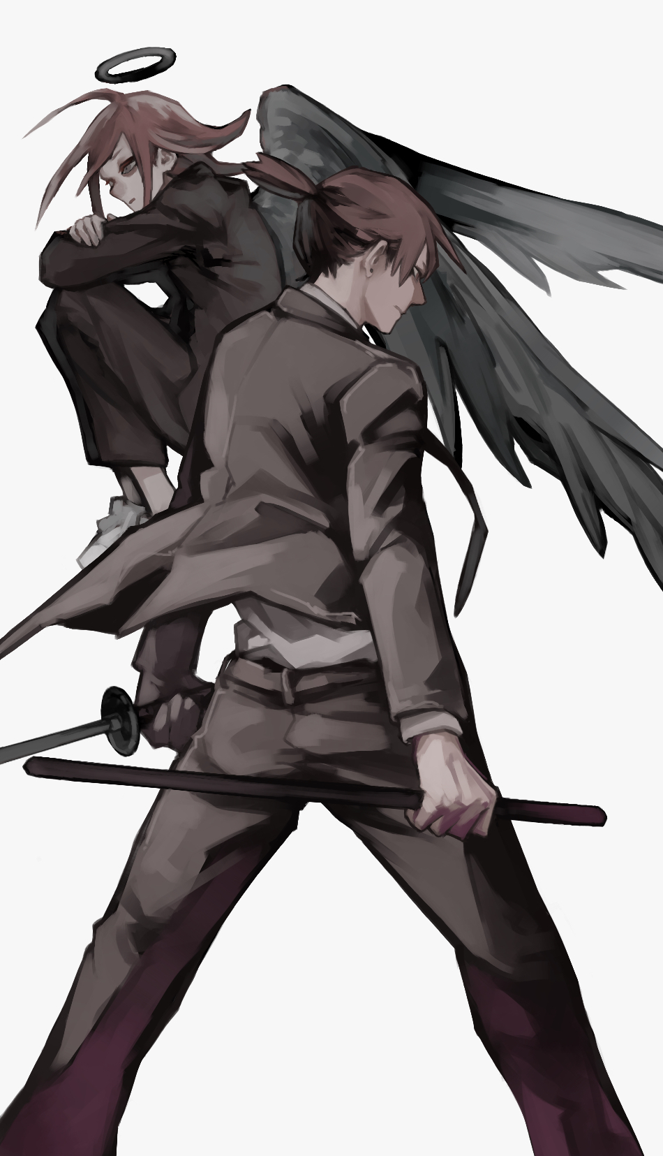 2boys angel_devil_(chainsaw_man) angel_wings bangs black_jacket black_necktie black_pants brown_hair chainsaw_man fetal_position formal grey_wings halo hayakawa_aki highres holding holding_sheath holding_sword holding_weapon jacket katana long_hair looking_back looking_to_the_side medium_hair multiple_boys nakano_(2_mannaka) necktie pants sheath shirt sidelocks simple_background sword topknot weapon white_background white_footwear white_shirt wings