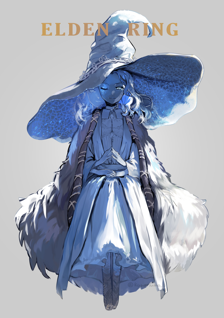 1girl artist_name barefoot blue_eyes blue_hair blue_skin cloak colored_skin copyright_name cracked_skin dress elden_ring english_commentary extra_arms extra_faces fur_cloak hat hat_ornament kuronuma_s large_hat long_hair looking_at_viewer one_eye_closed own_hands_together ranni_the_witch robe rope solo wavy_hair witch_hat