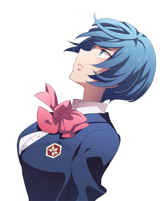 1girl blue_eyes blue_hair bow bowtie breasts cota looking_up medium_breasts megaton_musashi pink_bow pink_bowtie profile saotome_momoka school_uniform short_hair simple_background solo upper_body white_background