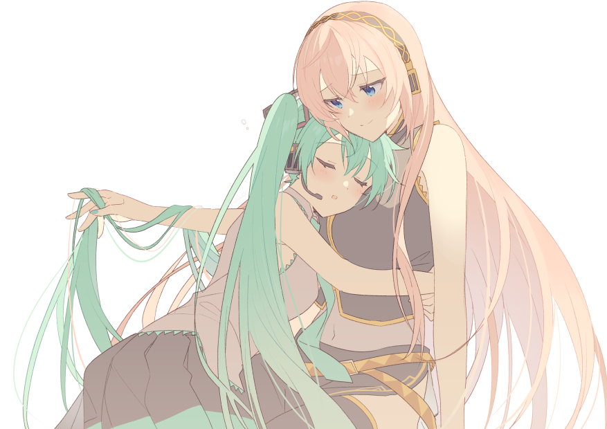 2girls aqua_hair aqua_necktie arm_at_side arm_support arms_around_waist bare_arms black_skirt blue_eyes breasts brown_hairband closed_eyes dot_nose furrowed_brow gold_trim grey_shirt hair_between_eyes hair_strand hairband hand_up hatsune_miku headset holding_another's_hair large_breasts light_blush long_hair looking_at_another looking_down megurine_luka midriff multiple_girls navel necktie parted_lips pink_hair pleated_skirt shirt side_slit sideboob sidelighting simple_background sinaooo skirt sleeping sleeping_on_person sleeping_upright sleeveless sleeveless_shirt small_breasts smile straight_hair twintails very_long_hair vocaloid white_background
