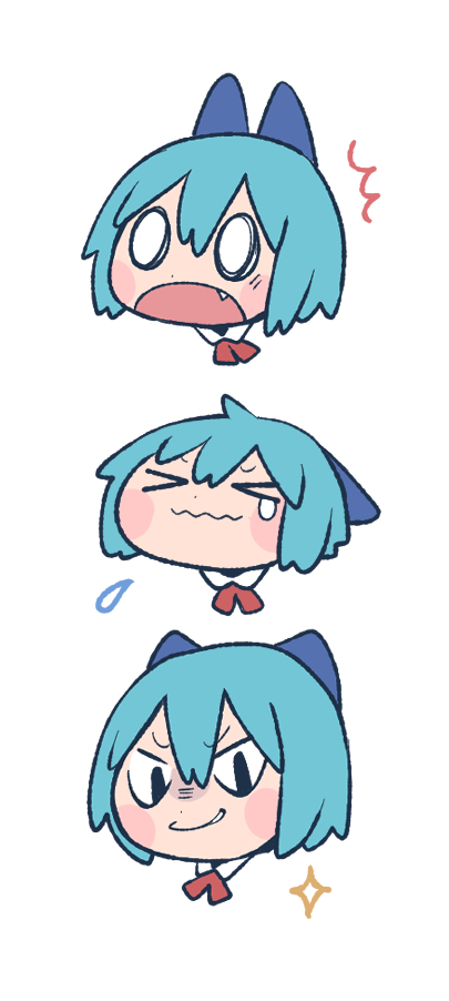 &gt;_&lt; 0_0 1girl bangs blue_bow blue_hair blush bow cirno citrus_(place) closed_mouth crying expressions fang hair_bow open_mouth simple_background smug solid_oval_eyes surprised tears touhou wavy_mouth white_background