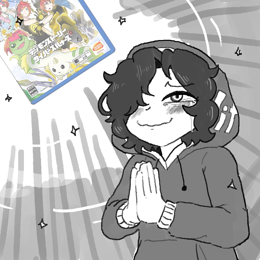 bandai black_hair blush cover crying crying_with_eyes_open digimon digimon_story:_cyber_sleuth flat_chest gummuru hair_over_one_eye hood hood_up hoodie messy_hair nervous_smile original personification playstation_vita_(personification) praying smile sony tears terriermon video_game_cover