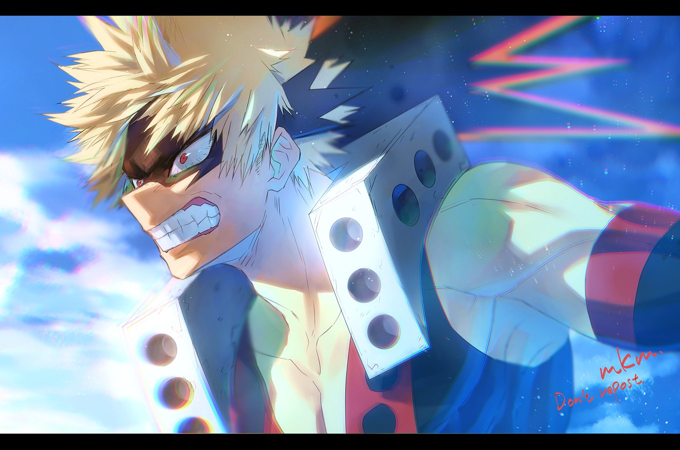 1boy angry artist_name bakugou_katsuki bangs bare_shoulders blonde_hair blurry blurry_background boku_no_hero_academia clenched_teeth collarbone day detached_sleeves eye_mask hair_ornament male_focus mkm_(mkm_storage) muscular muscular_male red_eyes short_hair solo spiky_hair teeth