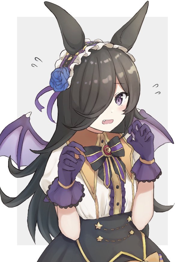 1girl amasaki333 animal_ears bad_id bad_twitter_id bangs black_bow black_bowtie black_hair black_skirt blue_flower blue_hairband blue_rose blue_wings bow bowtie brooch center_frills claw_pose collared_shirt commentary demon_wings fang flower flying_sweatdrops frilled_hairband frills frown gloves hair_over_one_eye hairband halloween halloween_costume high-waist_skirt horse_ears horse_girl jewelry long_bangs long_hair looking_at_viewer make_up_in_halloween!_(umamusume) open_mouth outside_border rice_shower_(make_up_vampire!)_(umamusume) rice_shower_(umamusume) rose shirt short_sleeves skirt solo standing star_(symbol) umamusume violet_eyes white_shirt wings