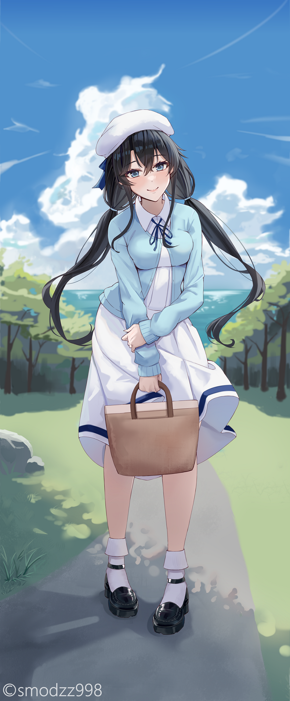 1girl absurdres artist_name bag bangs black_footwear black_hair blue_cardigan blue_eyes blue_ribbon blue_sky breasts cardigan closed_mouth clouds collared_shirt commentary day full_body highres holding holding_bag loli_hooker long_hair long_sleeves low_twintails neck_ribbon outdoors ribbon shirt sidelocks skirt sky small_breasts smile socks solo standing tree twintails twitter_username watermark white_shirt white_skirt white_socks yahari_ore_no_seishun_lovecome_wa_machigatteiru. yukinoshita_yukino
