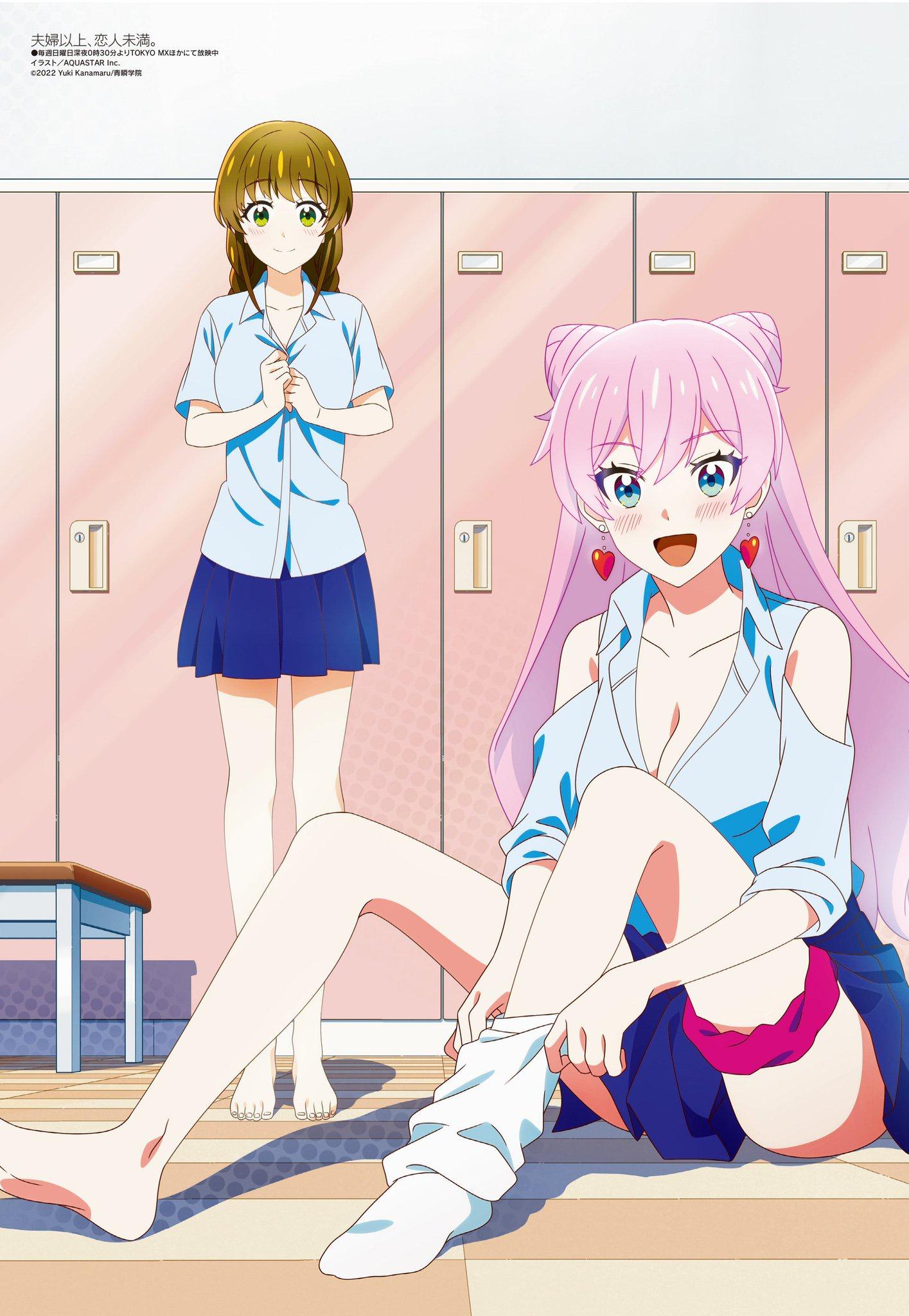 2girls bangs bare_legs bare_shoulders barefoot bench blue_blouse blue_eyes blue_shirt blue_skirt breasts brown_hair cleavage detached_sleeves earrings eyebrows_visible_through_hair eyelashes fuufu_ijou_koibito_miman. green_eyes hair_buns heart-shaped_earrings indoors kanji locker locker_room long_hair looking_at_viewer low_cut_top medium_hair megami_magazine official_art open_mouth pink_hair sakurazaka_shiori short_hair short_skirt sitting sitting_on_floor smile smiling sock_pull socks standing teenage thigh_strap watanabe_akari writing