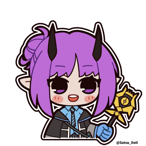 1girl arknights black_jacket black_skirt blue_gloves blue_shirt collared_shirt commentary_request diagonal-striped_necktie gloves hair_bun hibiscus_(arknights) holding horns jacket long_sleeves lowres open_clothes open_jacket outline pleated_skirt pointy_ears purple_hair satsuki_(satsu_doll) shirt simple_background skirt solo twitter_username violet_eyes white_background white_outline