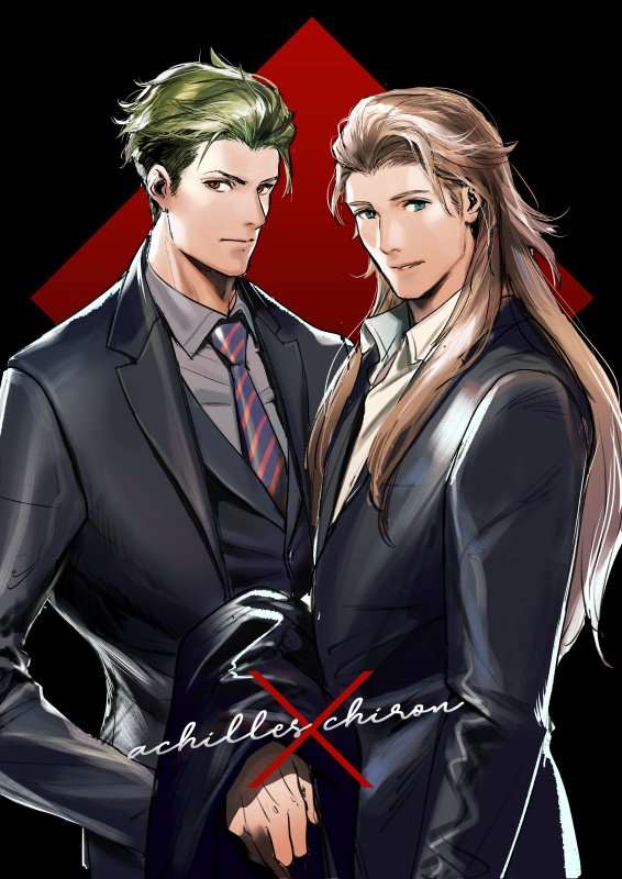 2boys achilles_(fate) alternate_costume alternate_hairstyle black_background black_jacket black_pants black_suit black_vest brown_hair character_name chiron_(fate) closed_mouth collared_shirt fate/apocrypha fate/grand_order fate_(series) formal green_eyes green_hair grey_shirt hair_slicked_back holding holding_clothes holding_jacket jacket jacket_removed long_hair looking_at_viewer male_focus multiple_boys necktie nigorokke open_collar pants parted_lips purple_necktie serious shirt short_hair smile striped_necktie suit suit_jacket upper_body vest white_shirt yellow_eyes