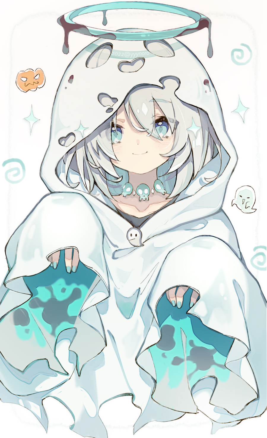 1girl ars_almal bangs blue_eyes blue_nails captain_yue closed_mouth collarbone commentary_request cropped_torso ghost grey_background grey_hair hair_between_eyes halloween halo hands_up highres hood hood_up hooded_robe jack-o'-lantern long_sleeves looking_at_viewer nail_polish nijisanji robe sleeves_past_fingers sleeves_past_wrists smile solo upper_body virtual_youtuber white_robe