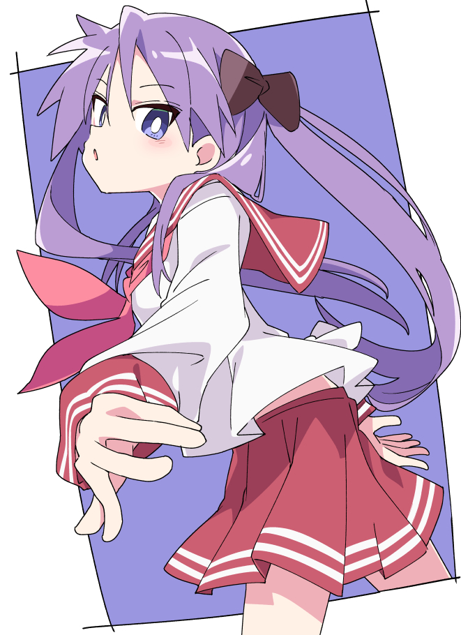 1girl blue_background blue_eyes bow brown_bow hair_bow hiiragi_kagami ixy long_hair long_sleeves looking_at_viewer lucky_star purple_hair red_sailor_collar red_skirt sailor_collar school_uniform serafuku simple_background skirt solo twintails two-tone_background white_background