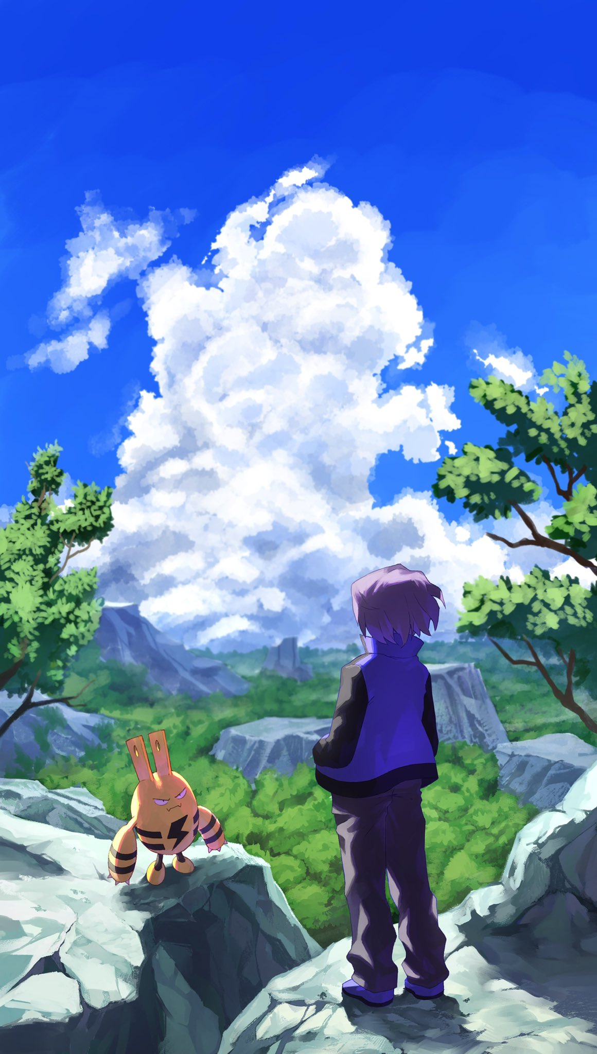 1boy black_pants clouds commentary_request day elekid highres jacket male_focus outdoors pants paul_(pokemon) pokemon pokemon_(anime) pokemon_(creature) pokemon_dppt_(anime) purple_footwear purple_hair purple_jacket shoes short_hair sky smrs_ss standing