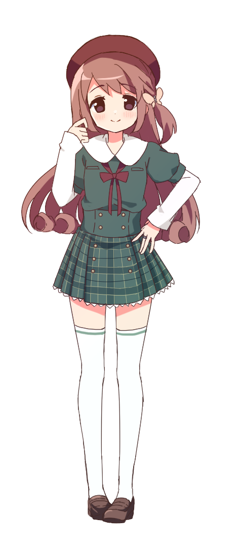 1girl bangs beret blush brown_footwear brown_hair brown_headwear brown_ribbon buttons dot_nose full_body green_shirt green_skirt hairstyle_request hand_on_hip hand_up hat jewelry layered_sleeves loafers long_hair long_sleeves looking_at_viewer magia_record:_mahou_shoujo_madoka_magica_gaiden mahou_shoujo_madoka_magica miniskirt neck_ribbon one_side_up pigeon-toed plaid plaid_skirt pleated_skirt pocket puffy_short_sleeves puffy_sleeves ribbon ring ruru_(rurumagi) satomi_touka school_uniform shirt shoes short_over_long_sleeves short_sleeves sidelocks simple_background skirt smile solo split_mouth st._liliana's_academy_school_uniform standing swept_bangs thigh-highs transparent_background very_long_hair white_sleeves white_thighhighs wing_collar