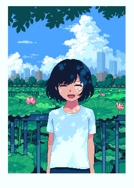 1girl black_hair blush closed_eyes day facing_viewer flower lotus open_mouth original outdoors pixel_art railing shirt short_hair short_sleeves smile solo toyoi_yuuta white_shirt