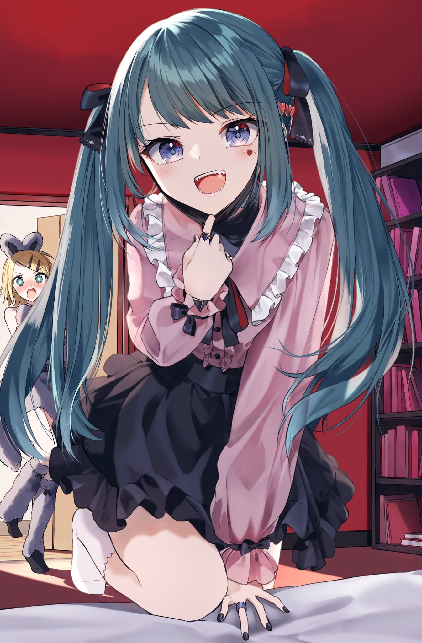 2girls :d arm_support bare_shoulders black_bow black_dress black_footwear black_nails black_skirt blonde_hair blue_eyes blue_hair book bookshelf bow center_frills collared_shirt commentary dress english_commentary frilled_shirt_collar frilled_skirt frills glint hair_bow hatsune_miku heart highres indoors jewelry kagamine_rin long_hair mask_pull multiple_girls nail_polish no_shoes pentagon_(railgun_ky1206) pink_skirt pulled_by_self ring sharp_teeth shirt skirt sleeveless sleeveless_dress sleeves_past_wrists smile socks solo_focus teeth twintails vampire vampire_(vocaloid) very_long_hair vocaloid white_socks