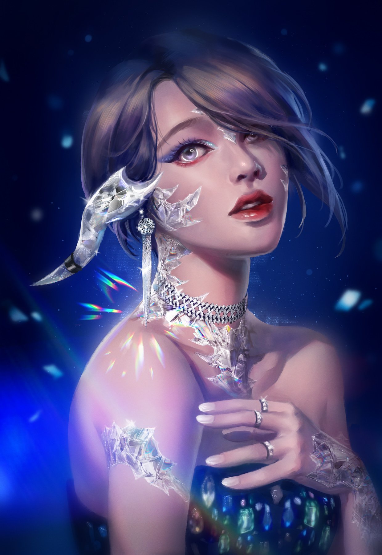 1girl au_ra avatar_(ff14) bare_shoulders blue_background brown_hair choker crovius dragon_horns dress earrings english_commentary final_fantasy final_fantasy_xiv from_side grey_eyes hair_over_one_eye highres horns jewelry multiple_rings parted_lips red_lips ring short_hair solo strapless strapless_dress upper_body