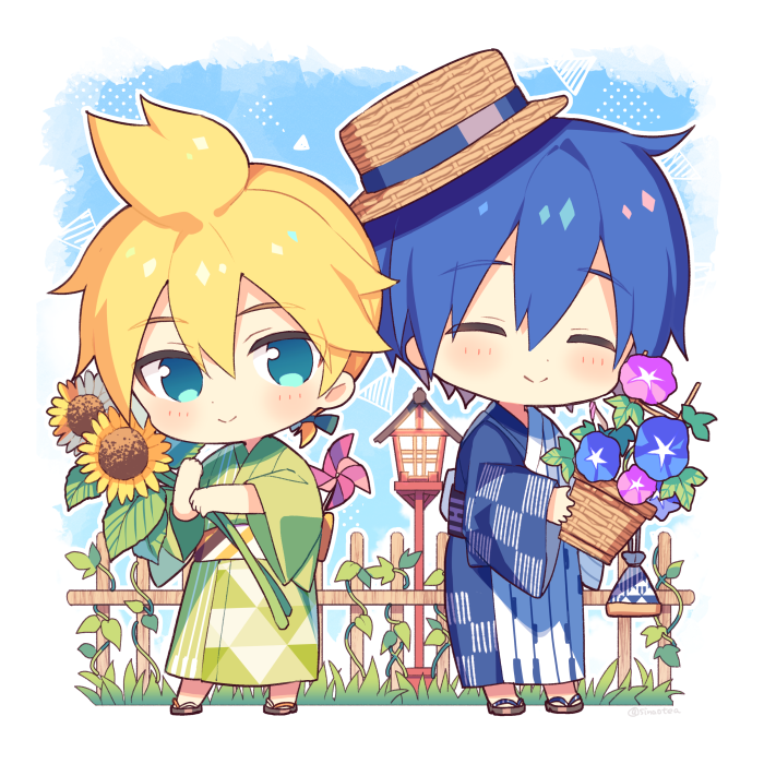 2boys argyle argyle_kimono blonde_hair blue_background blue_flower blue_hair blue_kimono border checkered_clothes checkered_kimono chibi fedora fence flower flower_pot full_body grass green_eyes green_kimono hat holding holding_flower japanese_clothes kagamine_len kaito_(vocaloid) kimono leaf low_ponytail male_focus morning_glory multiple_boys outline plant purple_flower short_ponytail side-by-side simple_background sinaooo standing straw_hat striped striped_kimono sun_hat sunflower tsurime vertical-striped_kimono vertical_stripes vines vocaloid white_border white_outline wooden_fence yukata