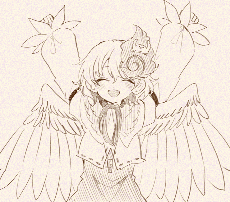 1girl ^_^ ^o^ animal_on_head arms_up bangs bird bird_on_head bird_wings blush chick clenched_hands closed_eyes cropped_jacket dot_nose facing_viewer feathered_wings film_grain greyscale hair_behind_ear hair_between_eyes happy hatching_(texture) itomugi-kun linear_hatching long_sleeves monochrome neckerchief niwatari_kutaka on_head open_mouth polka_dot puffy_long_sleeves puffy_sleeves ribbon_trim sepia sepia_background short_hair simple_background sketch sleeve_garter smile solo touhou upper_body wings