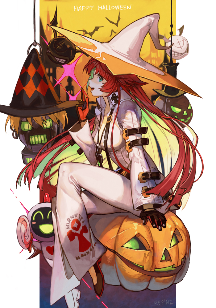 1girl ankh_necklace aqua_eyes bangs bat_(animal) bodysuit breasts candy colored_inner_hair earrings food full_body gloves green_eyes guilty_gear guilty_gear_strive halloween hankuri happy_halloween hat index_finger_raised jack-o'-lantern jack-o'_valentine jewelry large_breasts large_hat lollipop long_hair long_sleeves looking_at_viewer minion_(guilty_gear) multicolored_hair open_mouth pumpkin redhead revision sitting smile white_bodysuit white_hair white_headwear witch_hat