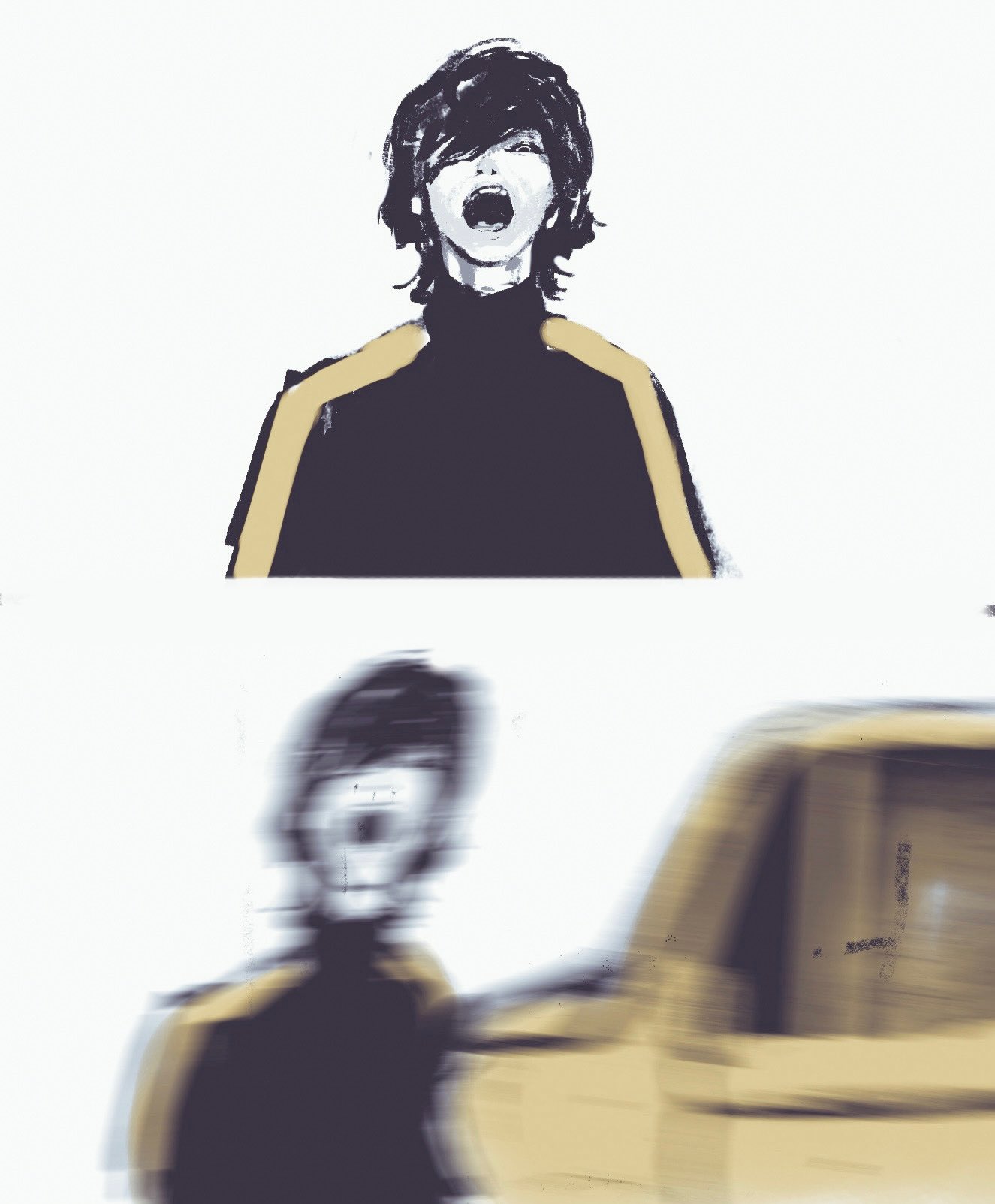 1boy black_hair car car_crash chainsaw_man ground_vehicle highres kick_back_(music_video) kobeni's_car_(chainsaw_man) looking_at_viewer monochrome motor_vehicle real_life roundbee roundbee08 short_hair simple_background solo spot_color track_suit white_background yonezu_kenshi_(person)