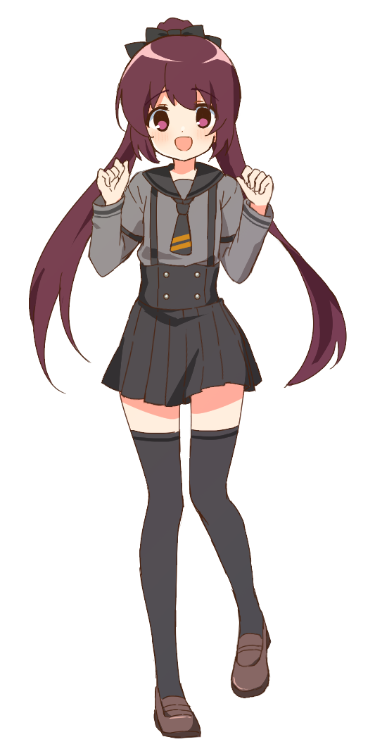 1girl :d amane_tsukasa bangs black_necktie black_ribbon black_sailor_collar black_skirt black_thighhighs blush brown_eyes brown_footwear brown_hair buttons clenched_hands dot_nose full_body grey_shirt hair_ribbon hands_up koushou_academy_school_uniform layered_sleeves leg_lift loafers long_sleeves looking_at_viewer magia_record:_mahou_shoujo_madoka_magica_gaiden mahou_shoujo_madoka_magica miniskirt necktie open_mouth pleated_skirt ribbon ruru_(rurumagi) sailor_collar school_uniform serafuku shirt shoes short_necktie short_over_long_sleeves short_sleeves sidelocks simple_background skirt smile solo split_ponytail suspender_skirt suspenders swept_bangs thigh-highs transparent_background