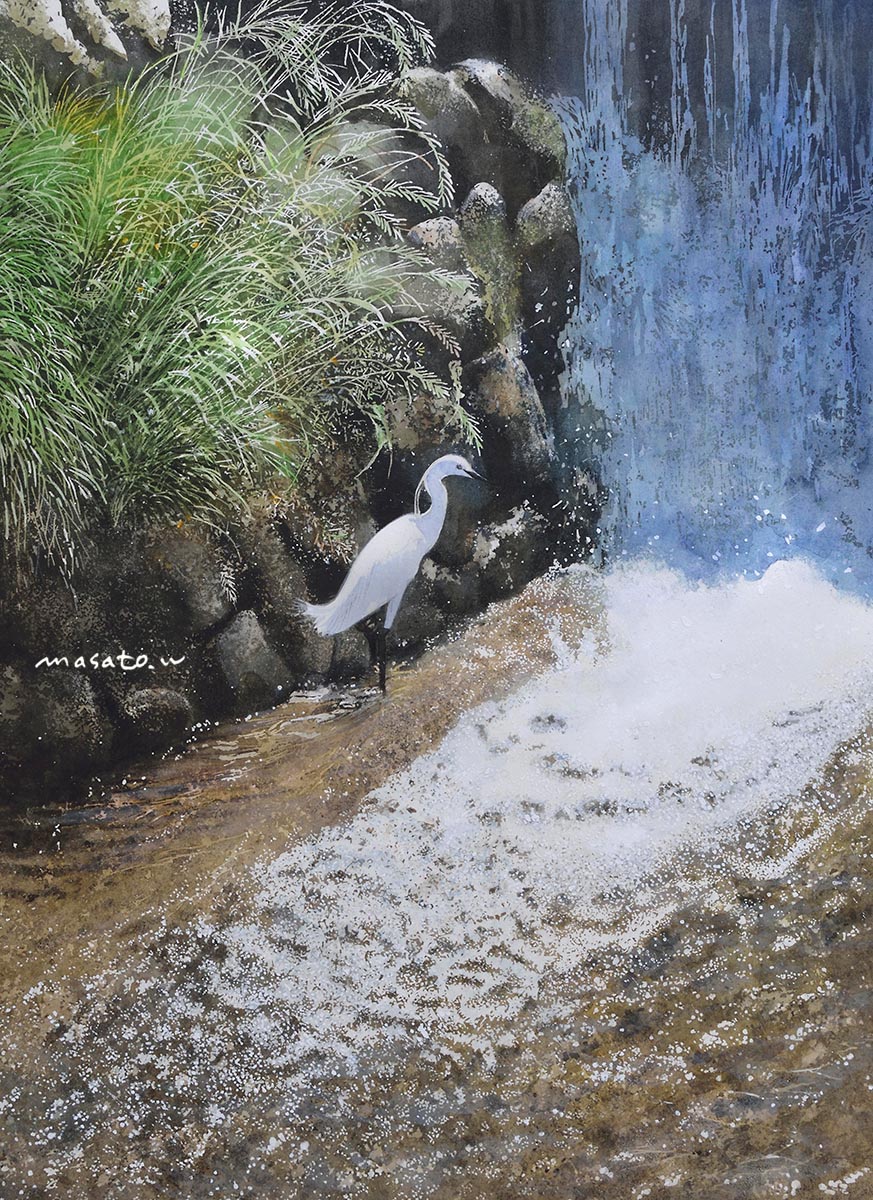 animal animal_focus artist_name bird commentary_request day grass highres little_egret no_humans original outdoors painting_(medium) rock scenery traditional_media watanabe_masato water watercolor_(medium) waterfall