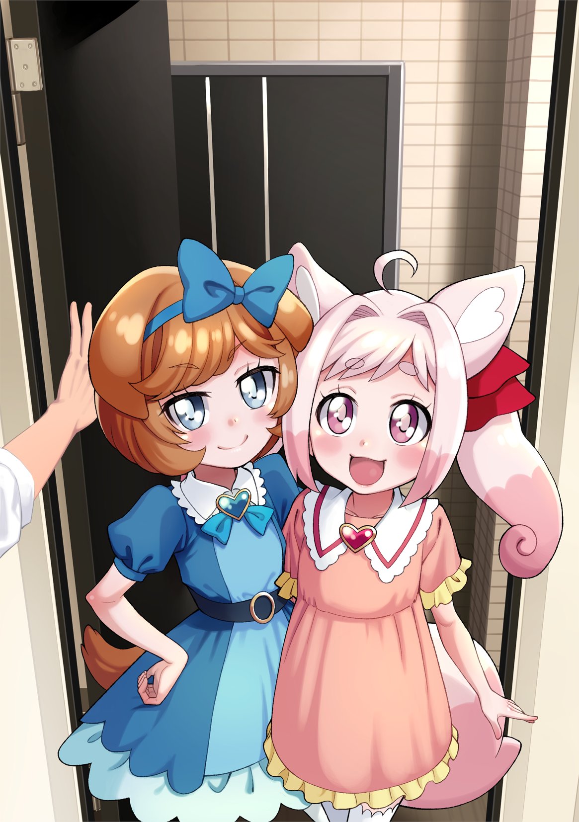 1other 2girls ahoge animal_ears belt blue_dress blue_eyes bow brown_hair child delicious_party_precure dog_ears dog_girl dog_tail door doorway dress female_child hair_bow hair_intakes hairband hand_on_hip hayashi_keita highres kome-kome_(precure) kome-kome_(precure)_(human) looking_at_viewer multiple_girls open_door open_mouth pam-pam_(precure) pam-pam_(precure)_(human) pink_dress pink_eyes pink_hair pov precure ribbon short_hair smile tail twintails