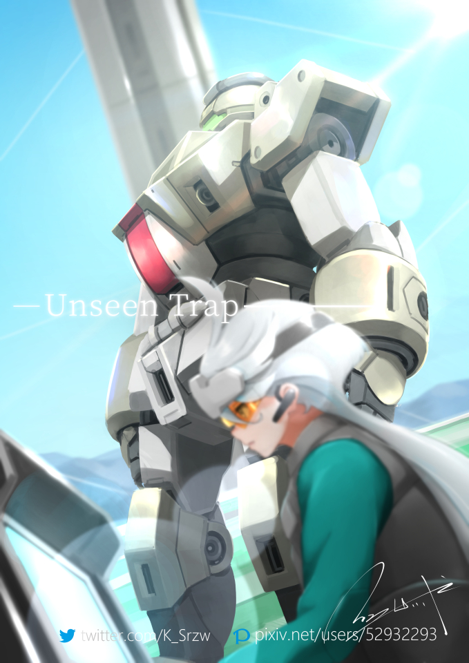 1girl ahoge blue_sky commentary demi_trainer english_text episode_title gundam gundam_suisei_no_majo long_hair mecha miorine_rembran mobile_suit monitor mountain pixiv_id pixiv_logo robot serike_w signature sky standing sunlight twitter_logo twitter_username upper_body white_hair